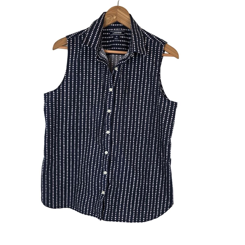 Lands End Womens 12 Sleeveless Button Front Polka Dot Shirt Casual Layering Work